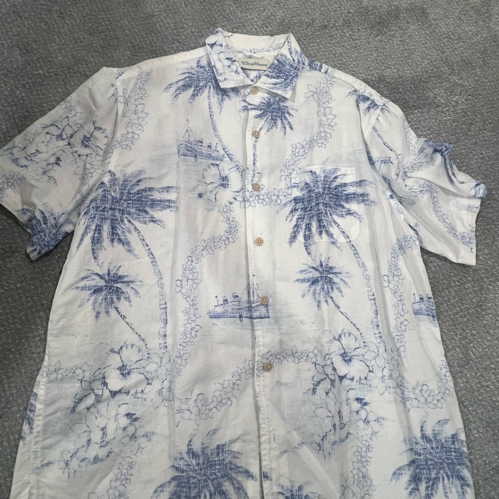 Caribbean Blue and White Palm Print Men's Shirt